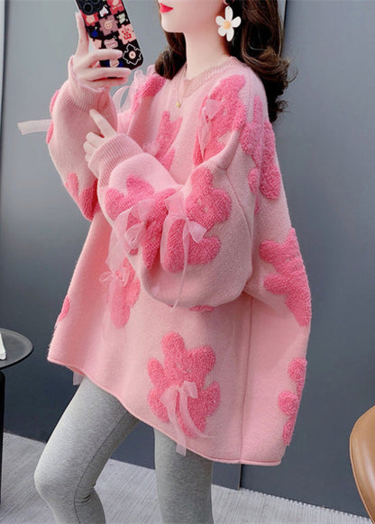 White O-neck Bow Little Bear Cotton Knit Sweater Winter