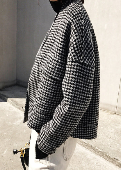 Vogue Black Notched Plaid Pockets Cashmere Coat Long Sleeve Fall