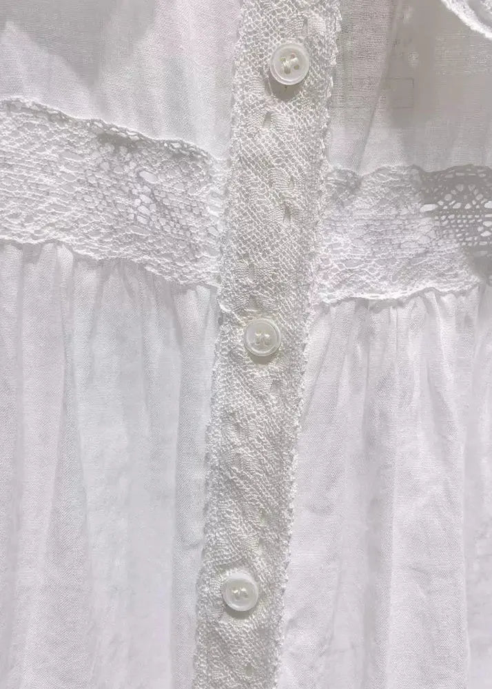 White Peter Pan Collar Lace Cotton Blouses Half Sleeve