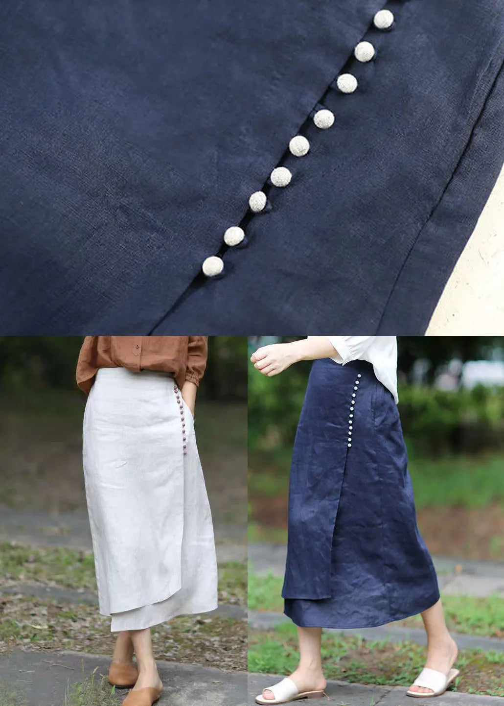 Blue a Line Skirts Button Asymmetrical Design Elastic Waist Spring