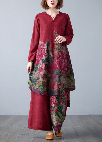 Red Oversized Print Cotton Two Pieces Set Spring