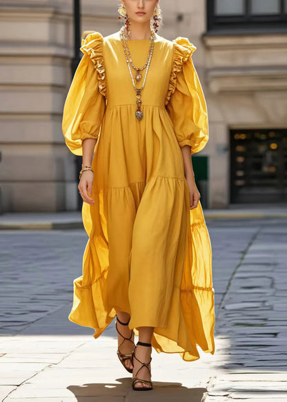 French Yellow Ruffled Cotton Vacation Dresses Bracelet Sleeve