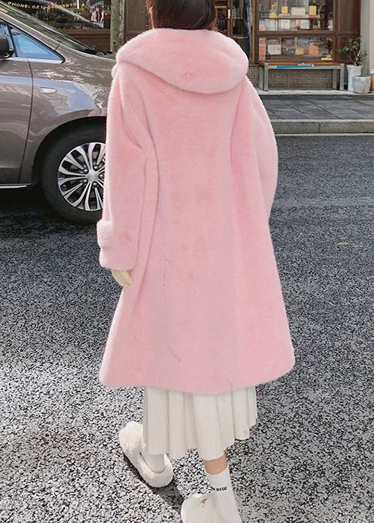 Pink Button Pockets Mink Velvet Coat Hooded Winter