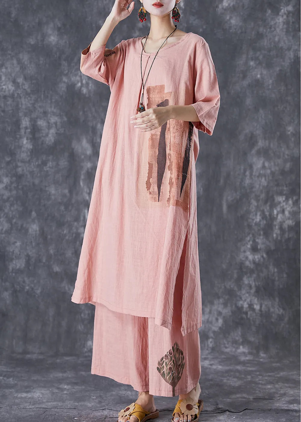 Brick Red Print Linen Dress and Pants Two Piece Set Outfits Side Open Summer