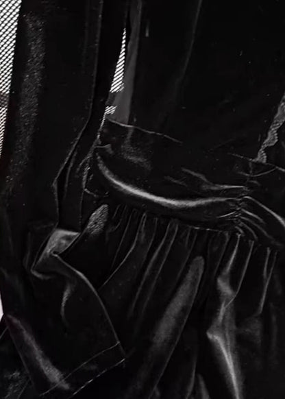 Black Stand Collar Patchwork Slim Fit Velour Dresses Spring