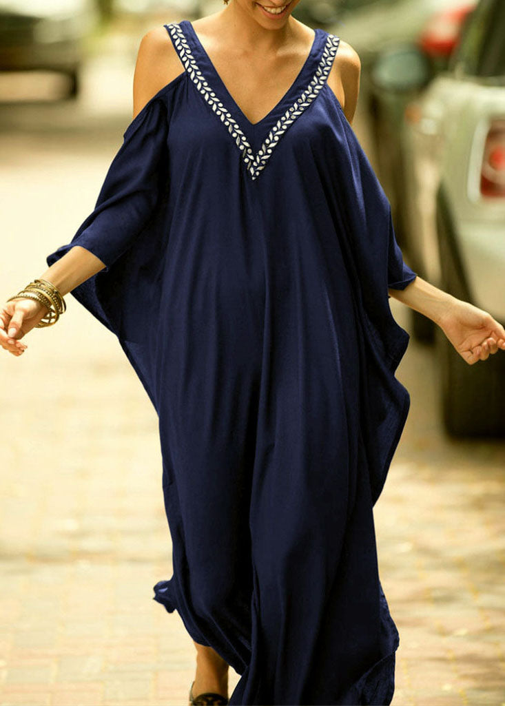 French Blue V Neck Cold Shoulder Kimono Robe Dresses Summer