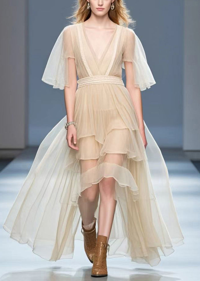 Apricot Asymmetrical Design Silk Holiday Dress Cloak Sleeves