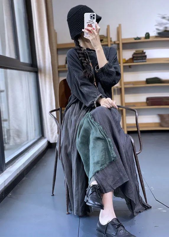 Grey Elastic Waist Asymmetrical Patchwork Linen Skirt Spring