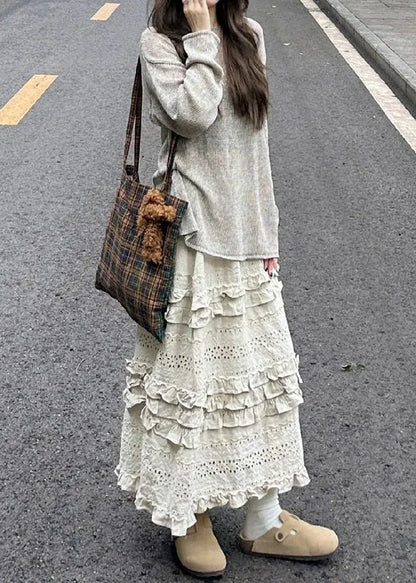 New Grey Knit Tops and Beige Ruffled Skirts Two Piece Set Spring