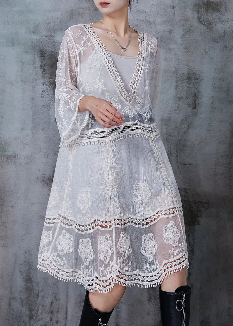 White Embroidered Patchwork Tulle Dresses Summer