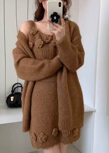 Classy Brown Decorated Knit Three Piece Set Clothing Fall
