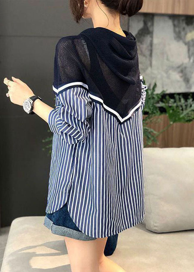 Blue Drawstring Hooded Knit Patchwork Striped Blouse Top Spring