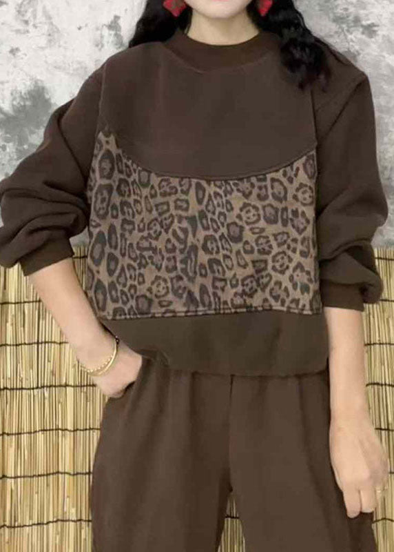Mulberry O Neck Leopar Patchwork Warm Fleece Top Winter