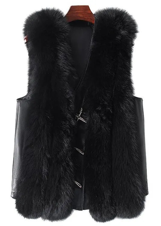 New Black Fox Collar Button Patchwork Leather and Fur Waistcoat Sleeveless