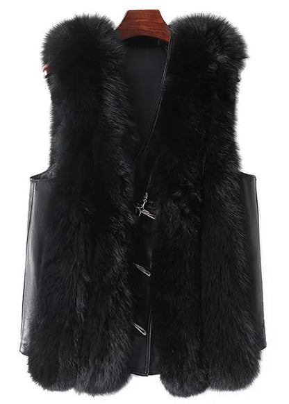 New Black Fox Collar Button Patchwork Leather and Fur Waistcoat Sleeveless