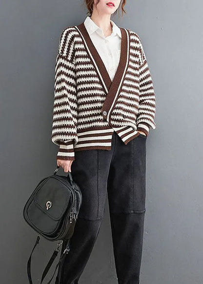 Chocolate V Neck Striped Cozy Knit Coat Outwear Spring