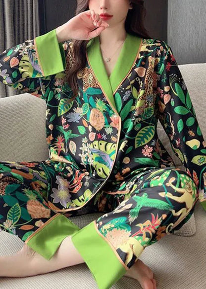 Green Peter Pan Collar Print Ice Silk Pajamas Two-piece Set Spring