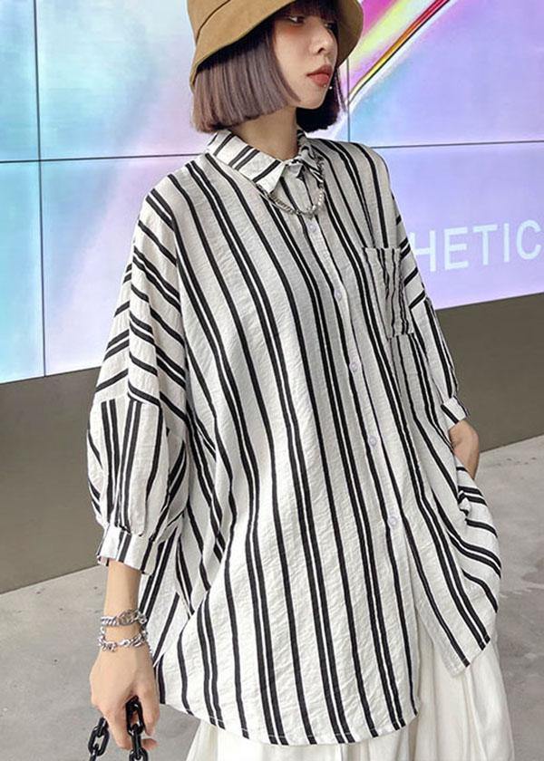 Black White Striped Pockets Button Shirt Tops Summer