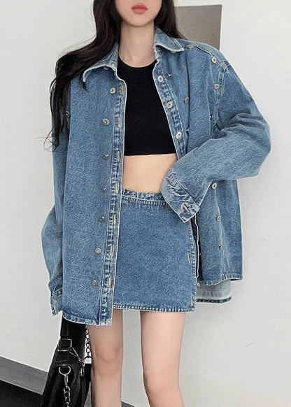 French Blue Peter Pan Collar Button Denim Two-piece Set Fall