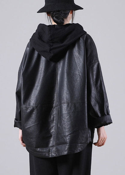 Unique Black Notched Pockets Button Fall Long Pu Sleeve Coat