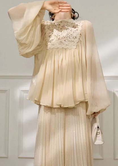 Beige Lace Patchwork Top and a Line Skirts Two Pieces Set Spring