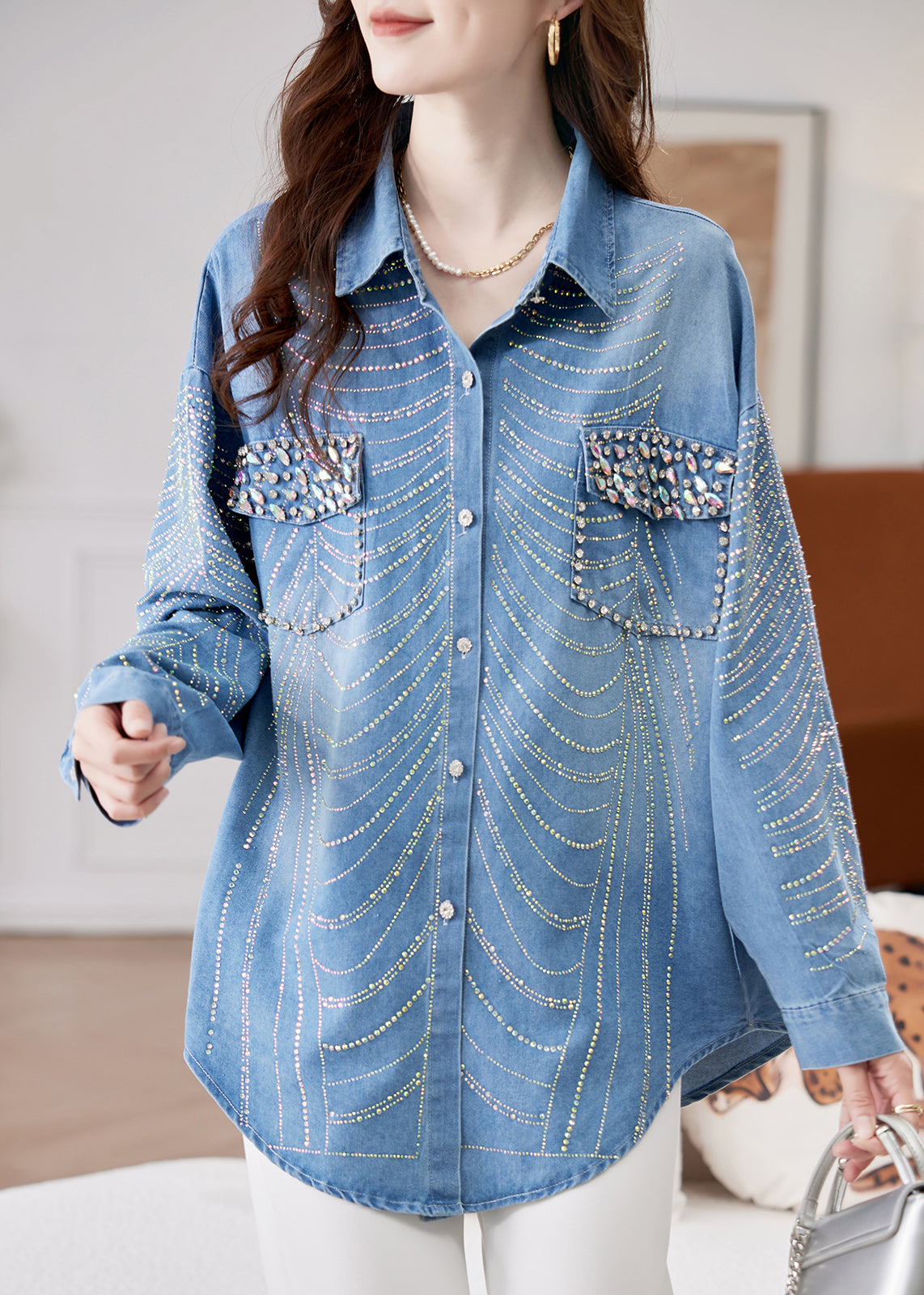 Blue Nail Bead Zircon Button Denim Shirts Spring