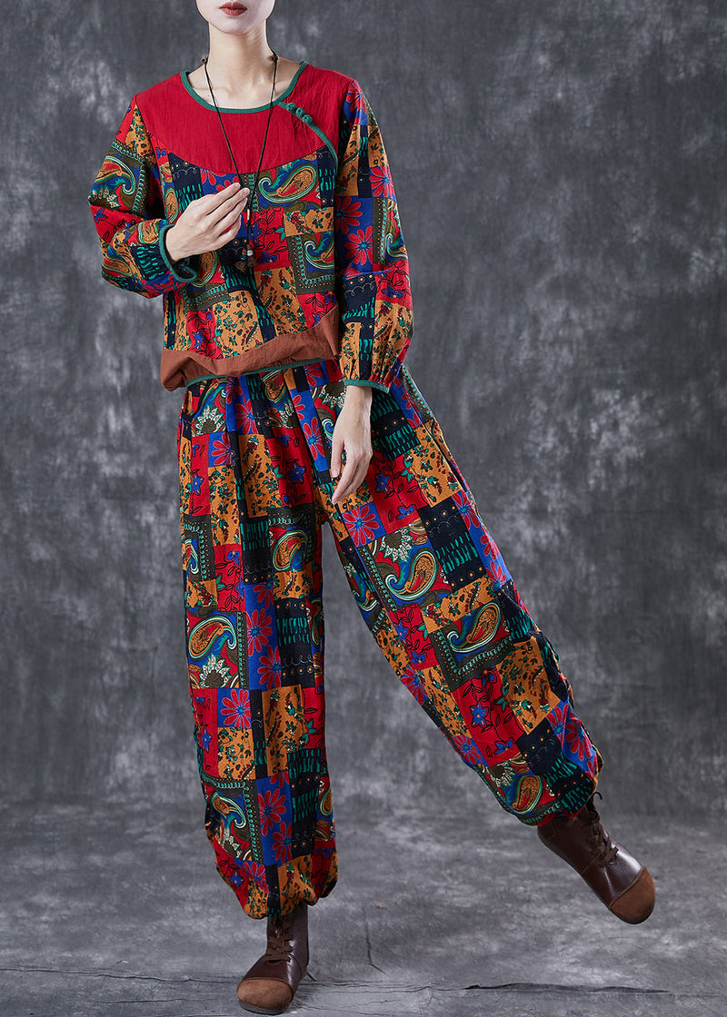 Red Print Patchwork Cotton Two-piece Set Fall