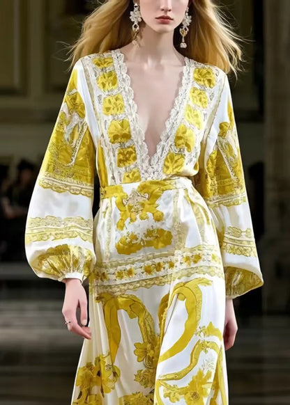 Fine Yellow Print Silk Maxi Dress Deep-v Neck Lantern Sleeve