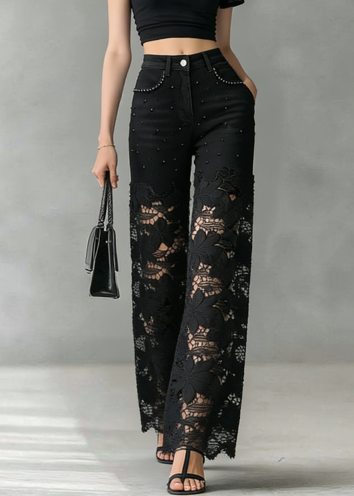 Black Lace Hollow Out Nail Bead Denim Pants Summer