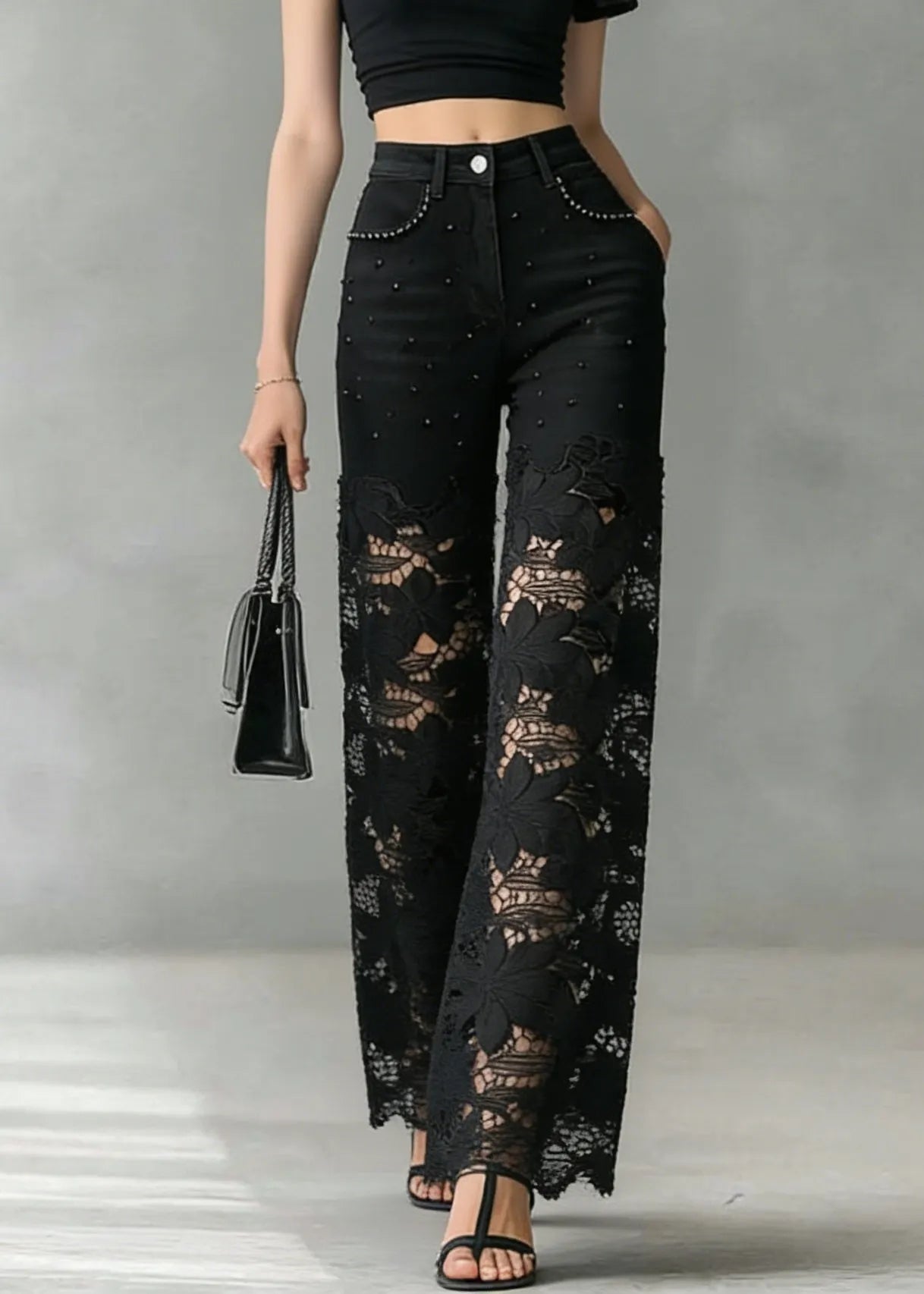 Black Lace Hollow Out Nail Bead Denim Pants Summer