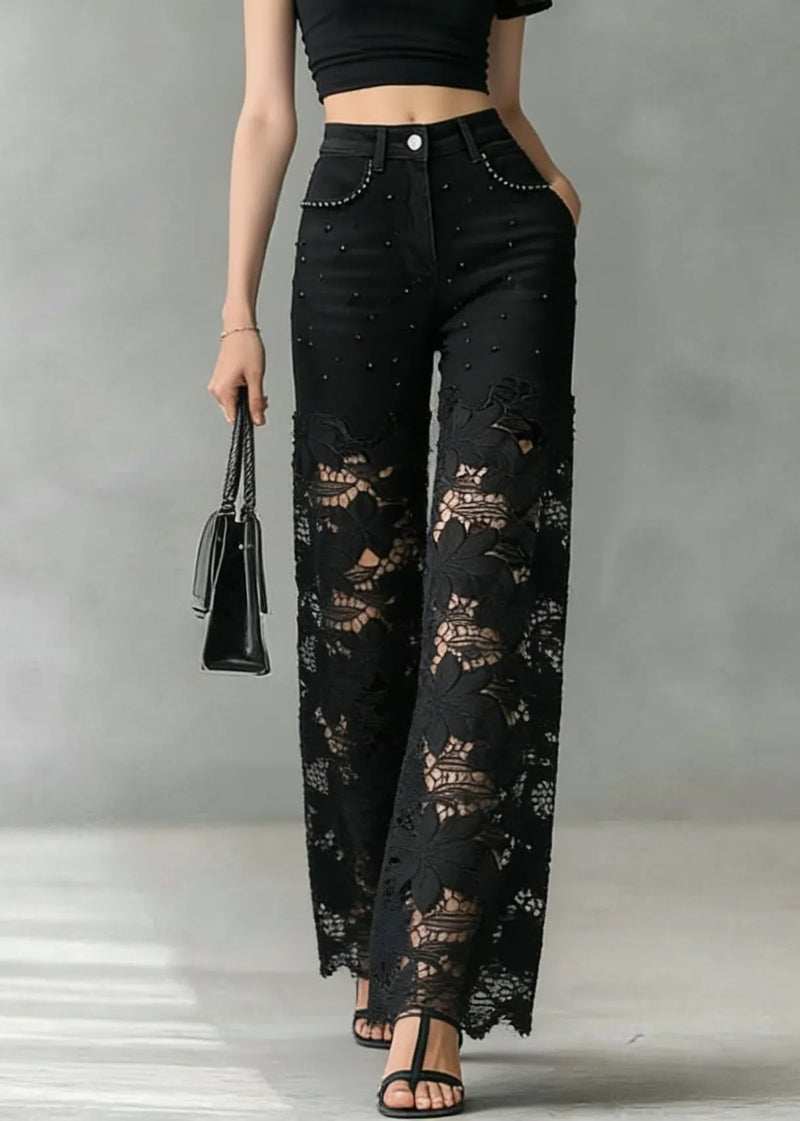 Black Lace Hollow Out Nail Bead Denim Pants Summer