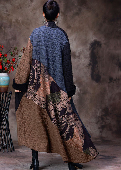 Handmade Chocolate Black Asymmetrical Patchwork Fine Cotton Filled Witner Coats