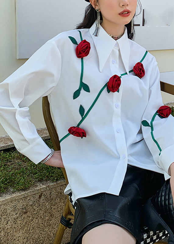 Italian White Peter Pan Collar Roses Patchwork Button Shirt Long Sleeve