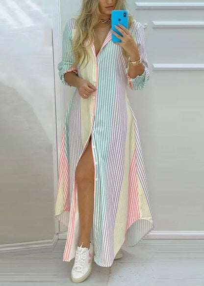Loose Rainbow Striped Button Cotton Shirts Dress Spring
