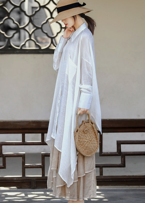 White Asymmetrical Design Peter Pan Collar Linen Long Shirt Long Sleeve