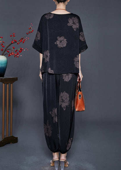 Black Peony Print Silk Two Pieces Set Oversized Half Sleeve