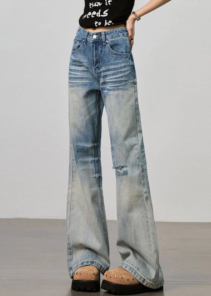 Boutique Blue Pockets High Waist Denim Ripped Pants Fall