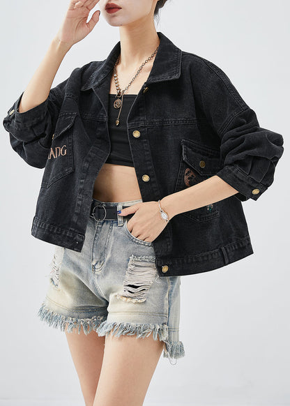 Boutique Black Embroideried Letter Butterfly Denim Jacket Spring