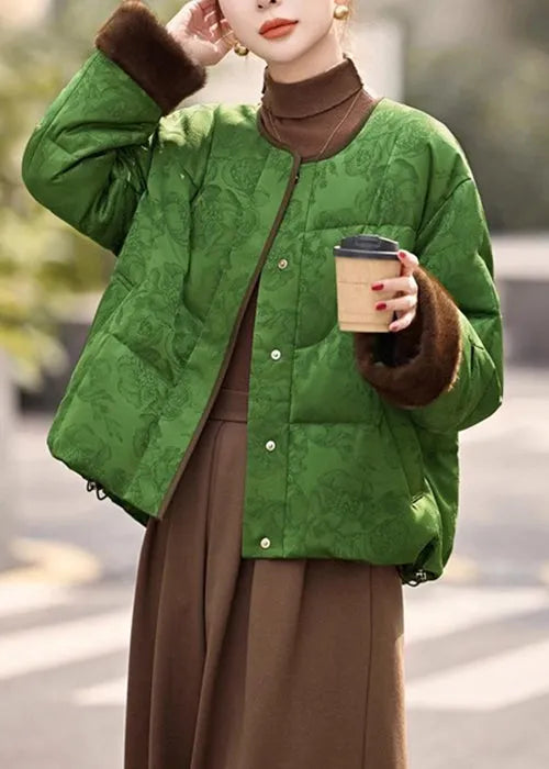 Loose Green O Neck Fluffy Patchwork Down Coats Winter