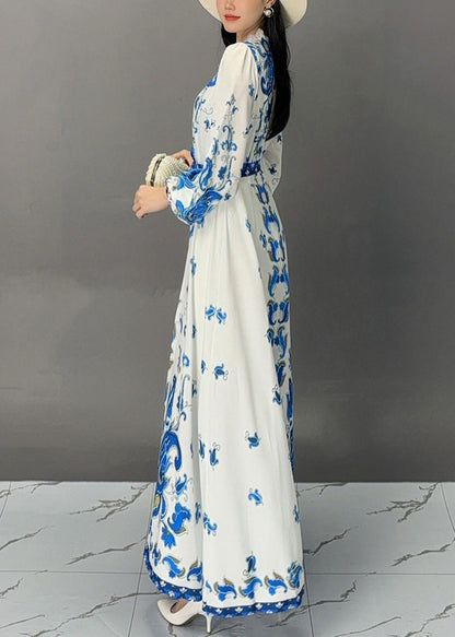 White Print Lace Up Cotton Long Dress Fall