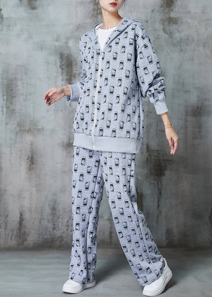 Grey Oversized Cat Print Cotton Two Pieces Set Spring
