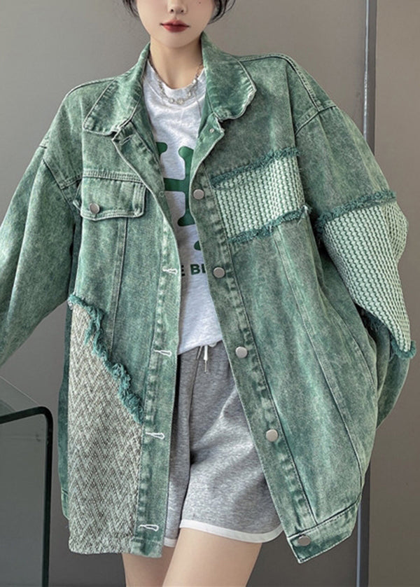 Green Peter Pan Collar Patchwork Denim Jacket Fall