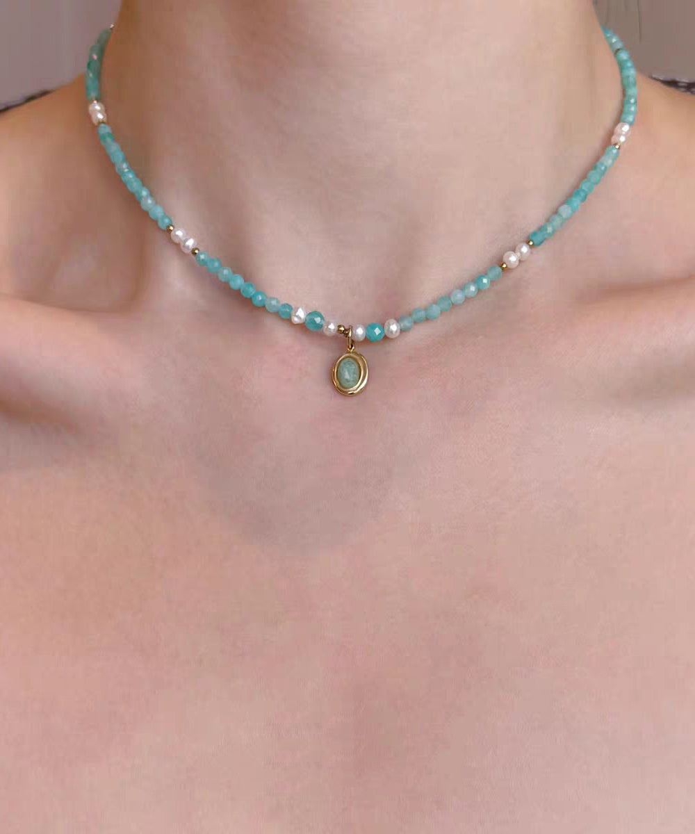 Blue Sterling Silver Overgild Beading Amazonite Pendant Necklace Three-piece Set