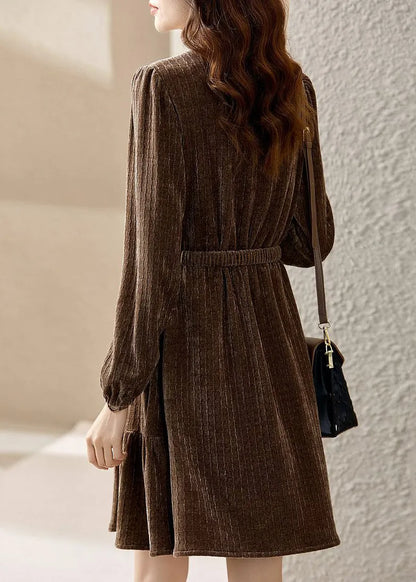 Coffee O Neck Sashes Patchwork Silk Velour Mid Dress Spring