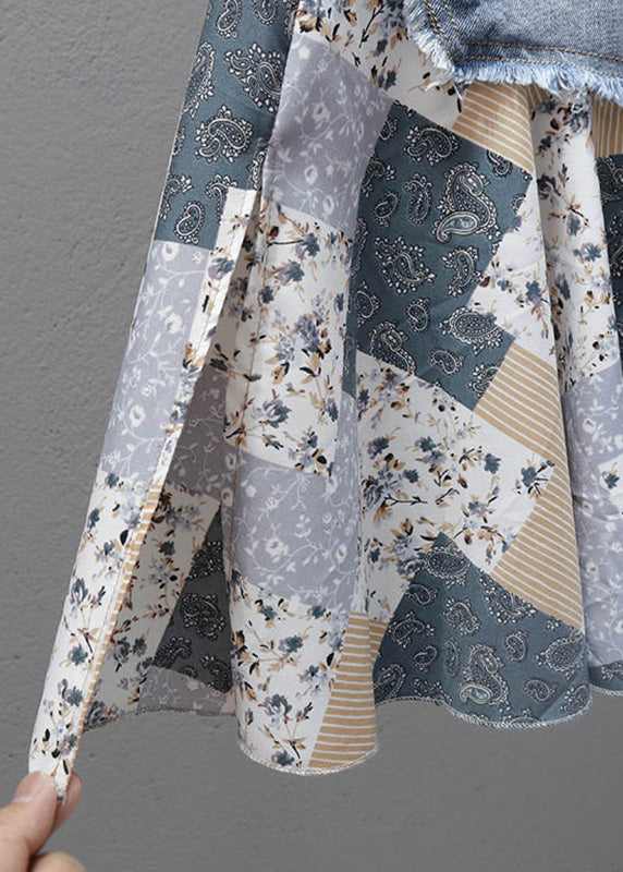 Denim Blue Print Patchwork High Waist Maxi Skirt Summer