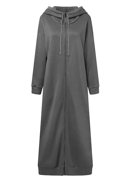 Loose Grey Hooded Zippered Pockets Cotton Long Coats Spring