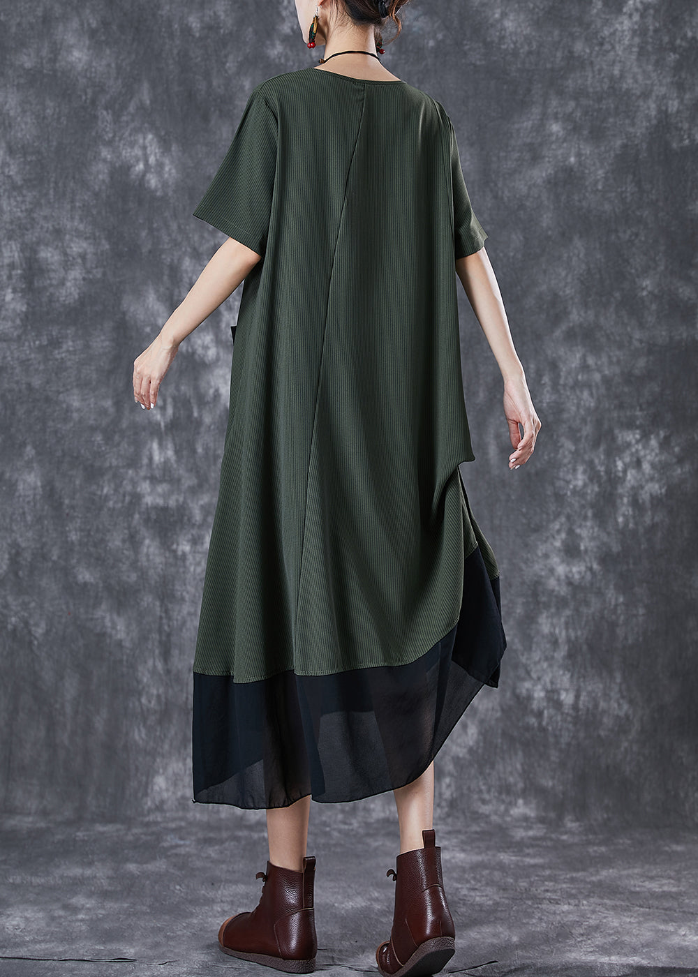Army Green Cinched Patchwork Chiffon Maxi Dresses Summer