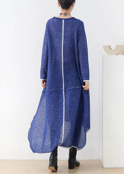 Blue O-neck Pockets Fall Knit Dress