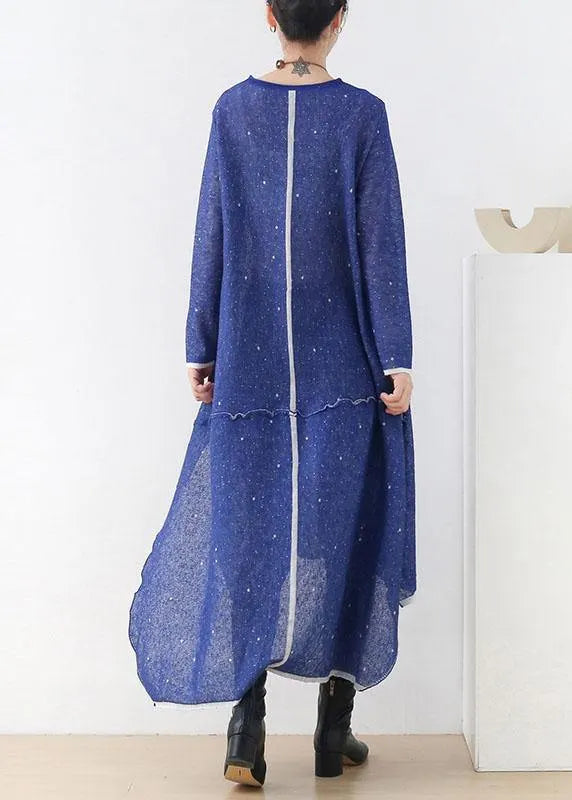 Blue O-neck Pockets Fall Knit Dress