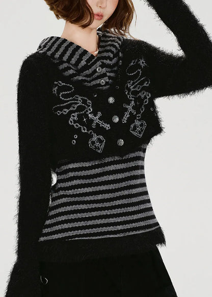 Handmade Grey Striped Patchwork Knit Fake Two Piece Pullover Winter